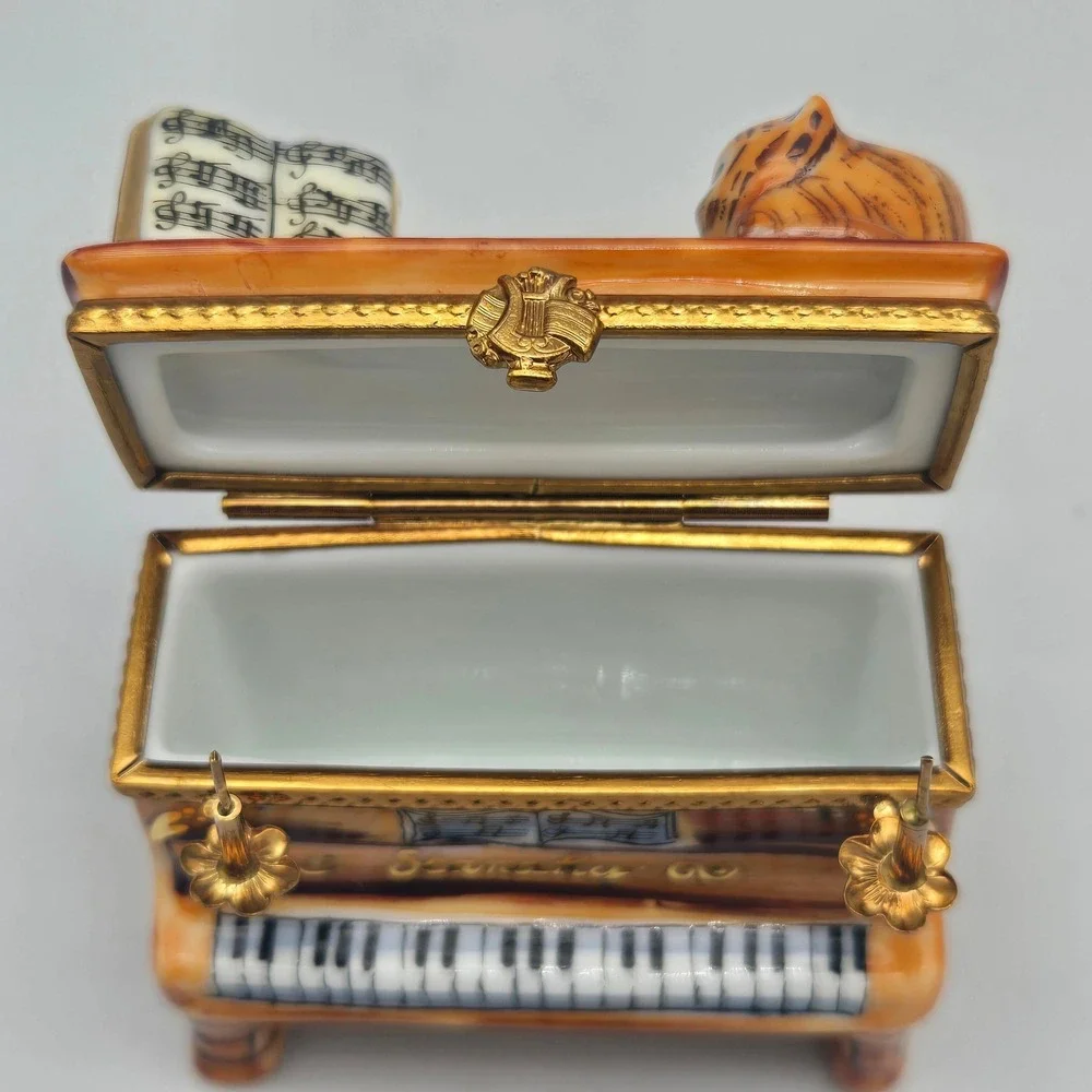 Vintage Limoges Trinket Box Piano‎ Cat Candelabra Ballerina La Gloriette Painted